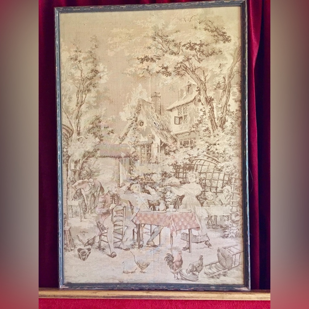 5895  French Tapestry Jacquard Woven French Country Cottage Inn Framed Stamped